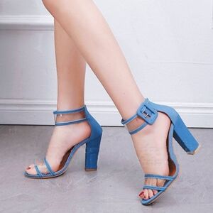 Steel Blue High Block Heel Ankle Strap Sandals Size 8.5